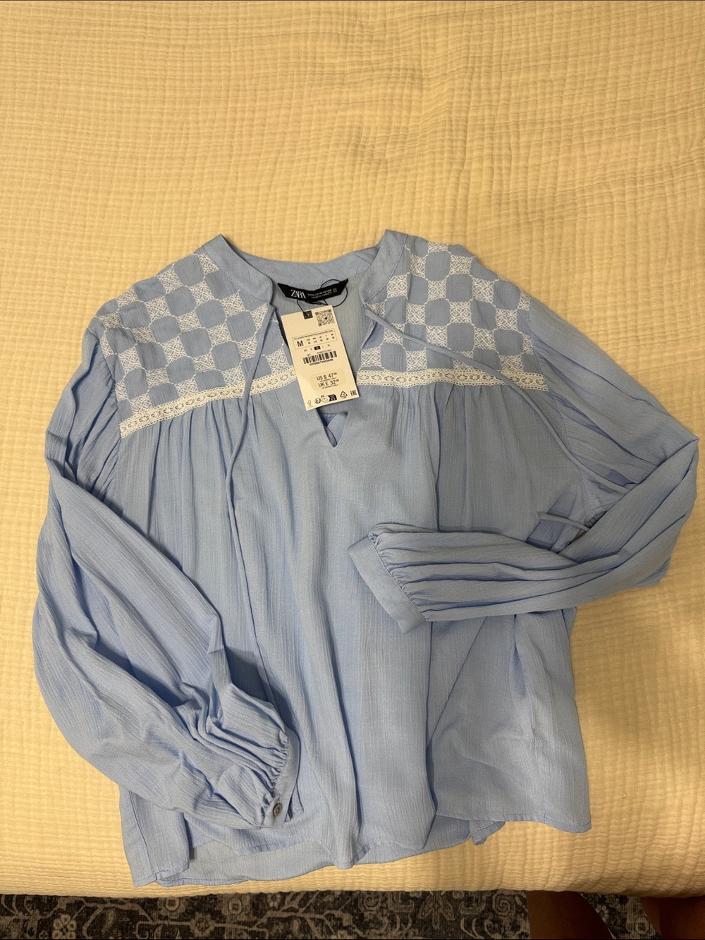 Zara Light Blue Embroidered Yoke Blouse